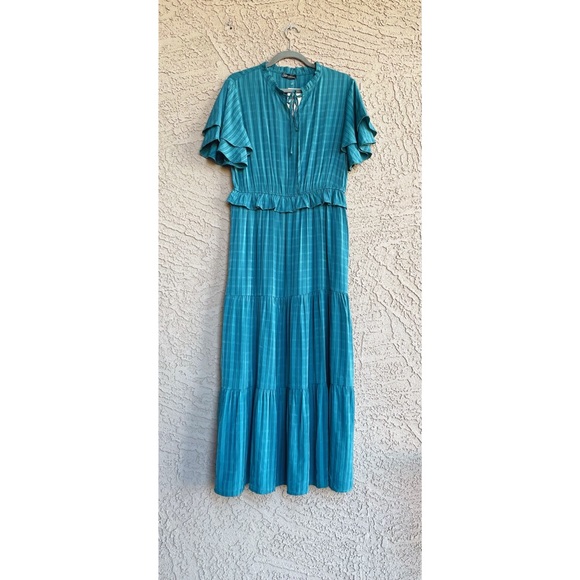 PRETTY GARDEN NWT Teal Green Subtle Striped Ruffle Flutter Sleeve Maxi Dress L - Picture 9 of 9